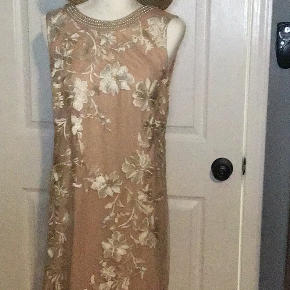 STUDIO ONE ROMANTIC LIGHT ROSE COLORED DRESS WITH SHEER OVERLAY FEATURING WHITE